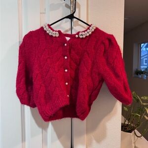 Pearl-Trim Cable Knit Cardigan - Red